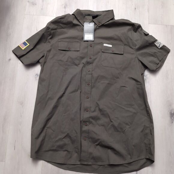 NWT Grunt Style Garage Button Up Shirt Mens XXL Olive Short Sleeve American Flag - Picture 1 of 4
